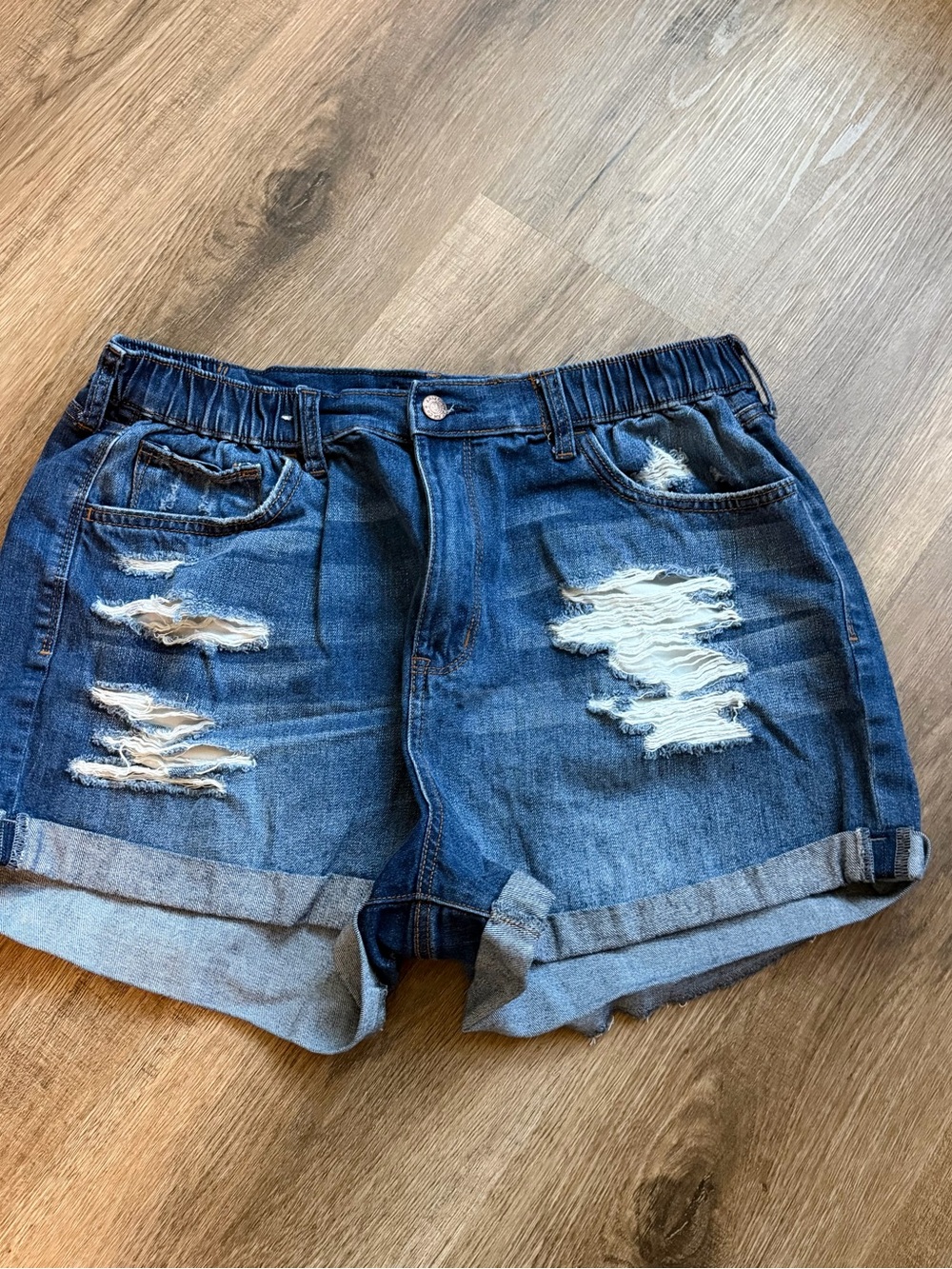 Arizona Jean Company Medium Blue Distressed Rolled-Hem Denim Shorts
